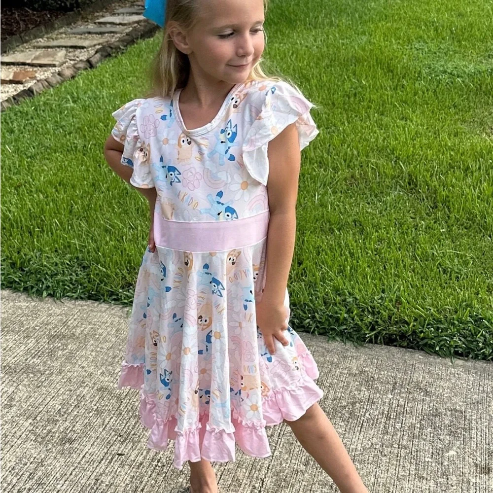 Bluey Bingo Ruffle Bow Back Twirl Girls Dress